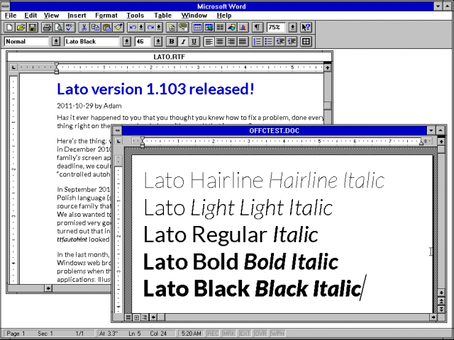 Lato in Microsoft Word 6.0c on Windows 3.11